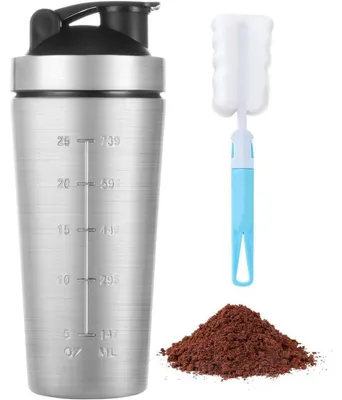 Productafbeelding van RVS eiwitshaker van 900 ml met maatverdeling, BPA-vrij, lekvrij en met mengbolletjes