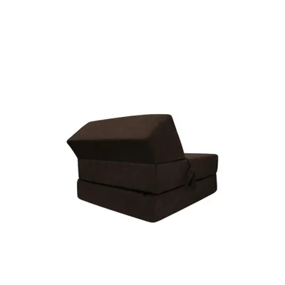 A brown sofa bed folded into a chair-like position against a white background.
