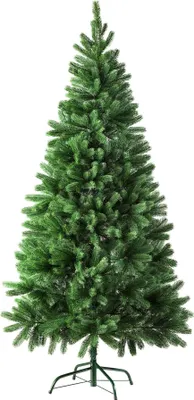 A full shot of an artificial Christmas tree on a white background.