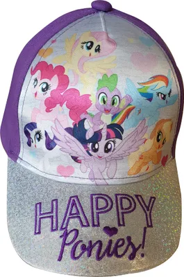 Produktbild von My Little Pony Glitzer-Kappe "Happy Ponys" Fluttershy, Pinkie Pie, Rarity, Rainbow Dash Größe 52 in lila mit Klettverschluss