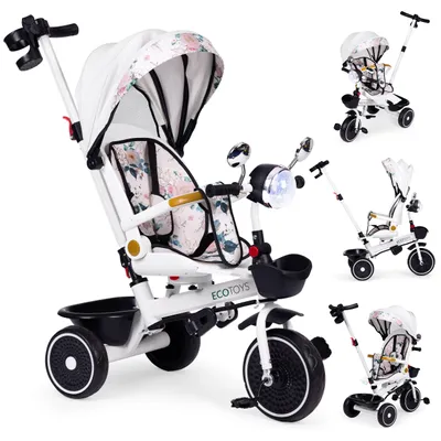 Obrázek produktu pro Tříkolka pro děti kočárek otočné sedátko tlačná rukojeť stříška ECOTOYS