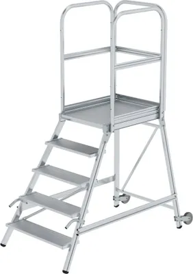 Produktbild von Podesttreppe einseitig begehbar mit Rollen und Griffen | Aluminium geriffelt | 5 Stufen | Rutschsichere Leiterschuhe
