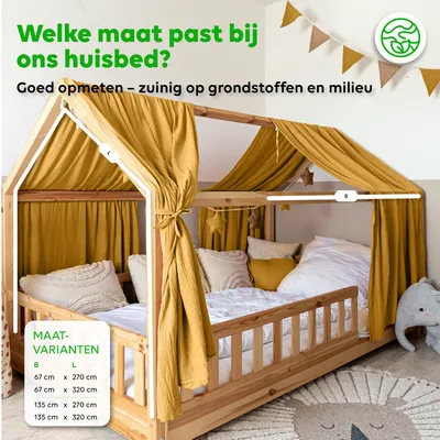 Productafbeelding van Hemel voor huisjesbed 67x320 cm mosterdgeel met gouden applicatie - 2 stofbanen