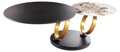 Produktbild von Couchtisch SOLYNE 134 cm schwarz mit drehbaren Marmor-Effekt-Platten und goldenen Ringen