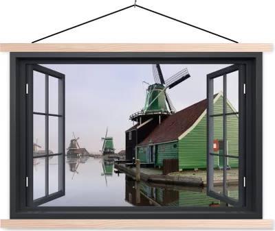 Produktbild von MuchoWow® Textilposter Aussicht - Mühle - Grün 60x40 cm mit holzfarbenen Rahmen - Bilder