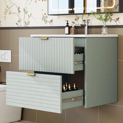 Image de Meuble-lavabo suspendu 61 x 46 x 57 cm, vert menthe – Meuble de salle de bains avec 2 tiroirs silencieux, lavabo en céramique intégré, MDF laqué
