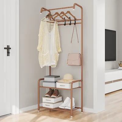 Image de Portemanteau Métal Moderne avec crochets+porte-chaussures 57cmx 30cmx165cm sur pied Portemanteau Étagère à chaussures (Marron) pour résidence étudiante Magasin de vêtements Chambre Couloir