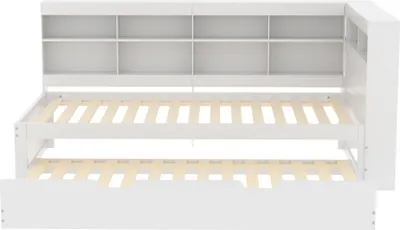 Produktbild von MODFU Schlafsofa Tagesbett 90x200cm mit Ausziehbett 90x190cm, Plattformbett Holzbett Daybett Kinderbett Jugendbett mit Staufach mit USB, Weiß(Ohne Matratze)