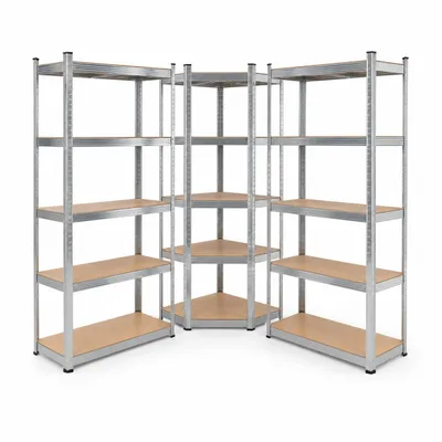 Obrázek produktu pro ROYSSON® Kovový regál EasySHELF, sada 3 kusů | 2 regály pro těžké náklady + 1 rohový regál, každý s 5 policemi, nosnost až 2625 kg | Stříbrná barva