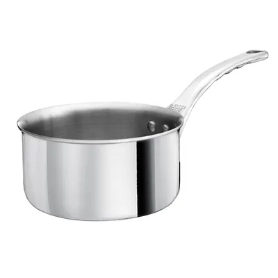 A stainless steel saucepan with a long handle, shown from a side angle against a white background.
