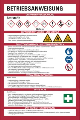 Produktbild von Dreifke® Aushang, Betriebsanweisung für Feststoffe - GHS/ISO 7010 Piktogramme...