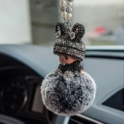 Image de Miroir de voiture, accessoire décoratif pour intérieur de voiture, type "bling-bling" avec strass, poupée en peluche, boule en peluche, couleur grise, idéal pour offrir