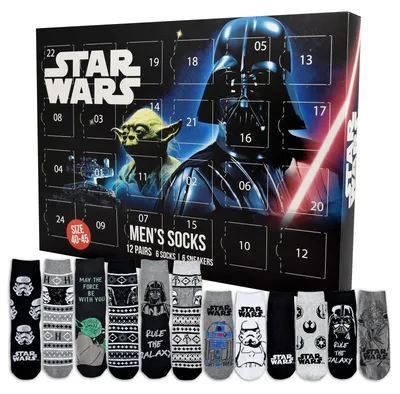 Zdjęcie produktu dla Star Wars Kalendarz Adwentowy z 12 Parami Skarpetek Rozmiar 40-45 dla Mężczyzn Kalendarz Świąteczny ze Sneakersami i Długimi Skarpetkami