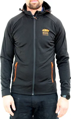 Obrázok produktu pre Bunda KTM Factory Team Work Hoodie, čierna s potlačou loga, vrecká na zips a kapucňa, slim fit, veľkosti XS až XXL, veľkosť:XL