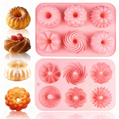 Obrázok produktu pre Sada 2 mini formičiek na koláče (gugelhuf) z silikónu, priemer 7 cm, s nepriľnavou povrchovou úpravou, ružové, 6 objemov