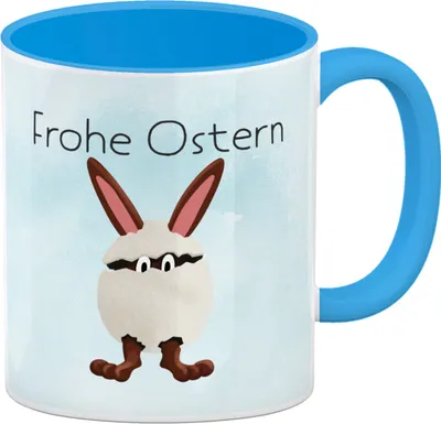 Produktbild von Frohe Ostern Kaffeebecher Hellblau mit lustigem Osterhasen in Eierschale