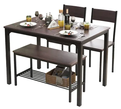Immagine prodotto di Set tavolo da pranzo per 4 persone, 110 cm, con 2 sedie e una panca, e scaffale portaoggetti, in legno di quercia dallo stile rustico