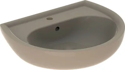 A close-up studio shot of a beige corner sink.