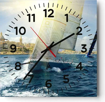 Produktbild von Wanduhr - Quadrat - Glasuhr - Yacht Meer Welle - 30x30cm - Schleichendes Uhrwerk - Lautlos - zum Aufhängen bereit - Dekoration Modern - Wanddekoration aus Glas - C4AC30x30-4038