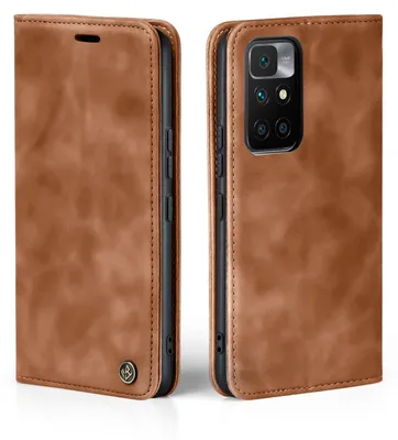 A brown leather flip case for a smartphone is shown from two angles.