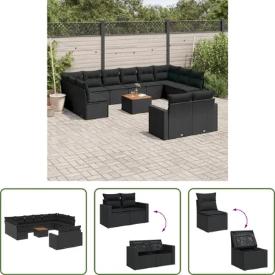 Produktbild von The Living Store 13-tlg. Garten-Sofagarnitur mit Kissen Schwarz Poly Rattan
