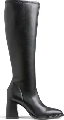 A studio shot of a single black boot.