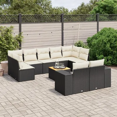 Produktbild von Design 10-tlg. Garten-Sofagarnitur mit Kissen Schwarz Poly Rattan, Gartenmöbel-Sets 2024 Neu