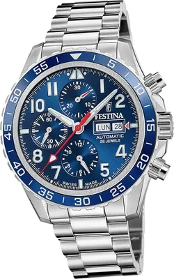 A close-up studio shot of a Festina men's watch with a blue dial and stainless steel bracelet.