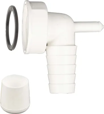 A white plastic 90-degree pipe fitting with a barbed end and a separate rubber gasket and cap.