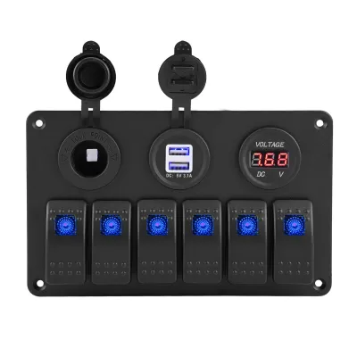 Produktbild von Wippschalttafel 12V 24V, 6 Gang Auto Boot, LED mit Dual USB, Voltmeter & Zigarettenanzünder