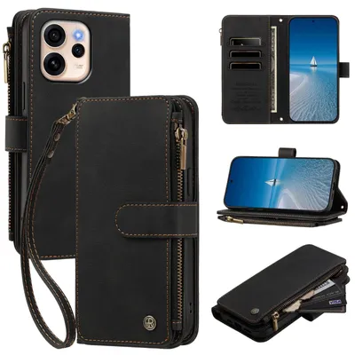 Produktbild von Handyhülle für Oppo Reno15 Pro Max, Leder Klapphülle mit Kartenfächern, Reißverschlussfach und Handschlaufe Schwarz