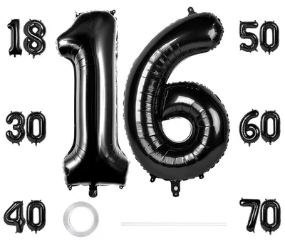 Zdjęcie produktu dla Balony XXL, dekoracja na 16. urodziny, czarny balon foliowy o wymiarach 40 cali, duży balon w kształcie cyfry