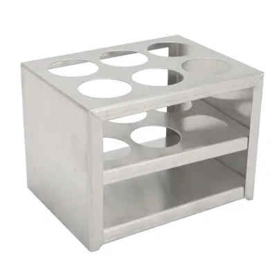 A stainless steel test tube rack with two shelves and six circular openings.