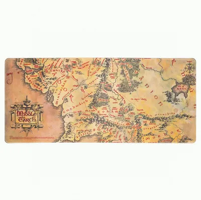 A map of Middle-earth, likely from The Lord of the Rings, printed on a desk mat.