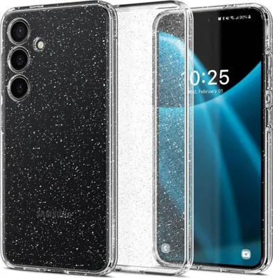 A clear product shot of a phone case with glitter, showing the back and side profile, with a phone inside.