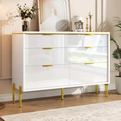 Produktbild von Sideboard-Schrank mit 6 Schubladen, Kommode Hochglanz-Fronten, großer Stauraum für Wohnzimmer