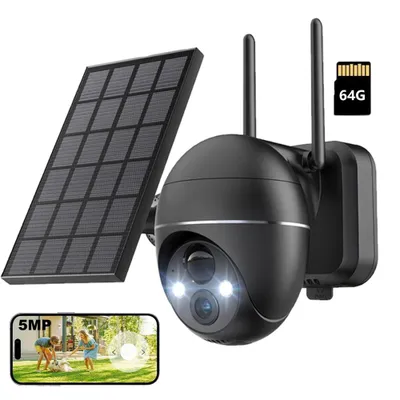 Image de 2K 5MP solaire caméra de surveillance extérieure Wi-Fi 360°PTZ pivotant caméra extérieure batterie 30M vision nocturne couleur PIR détection de mouvement Compatible Alexa avec 64G