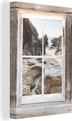 Produktbild von OneMillionCanvasses® - Leinwandbilder - 90x140 cm, Durchblick - Holz - Strand, - Geöffnetes Fenster - Fensterblick Schlafzimmer Kunstdruck Wanddekoration - Foto auf Leinwand - Gemälde auf Holzrahmen - Wandschmucke - Schlafzimmer