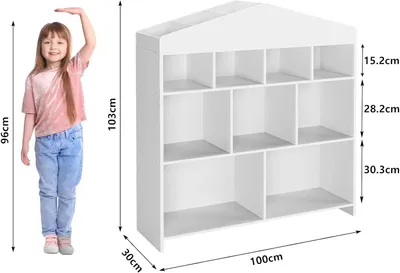 Produktbild von Kinderbücherregal in Hausform - Spielzeugaufbewahrung - 4 Ebenen - 15 offene Fächer - Freistehend - Kippschutz - Weiß