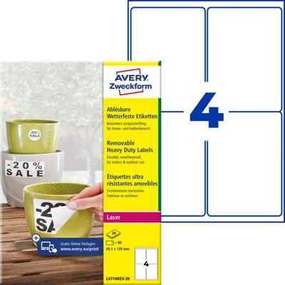 Produktbild von Avery Zweckform L4774REV-20, Wetterfeste Etiketten, ablösbar, A4, 99,1 x 139 mm, 80 Etiketten / 20 Bögen, weiß