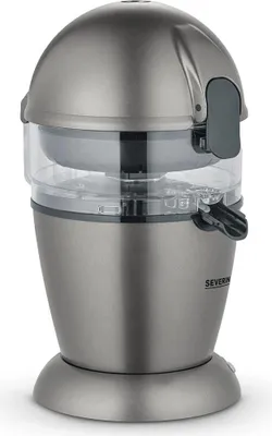 A close-up studio shot of a silver electric citrus juicer.