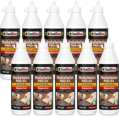 Produktbild von Isolbau Holzleim PRO-D3 - 10 x 750 ml (860 g) Extra starker Holzkleber für alle Holzarten, für Innen & Außen, Wasserfest, Lösemittelfrei