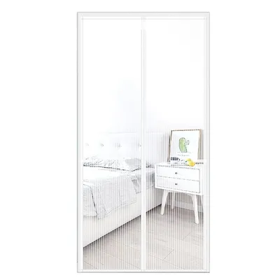 A bedroom scene with a bed and a nightstand, viewed through a white mesh door curtain.