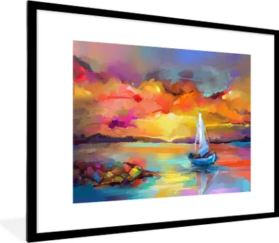 Produktbild von MuchoWow® Gerahmtes Poster Malerei - Ölfarbe - Boot - Farben 80x60 cm - Poster mit Schwarzem Bilderrahmen Wandposter Rahmen Foto Bilder - Schlafzimmer-Dekorationen - Fotoposter