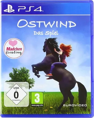 The image shows the front cover of a PlayStation 4 game case for 'Ostwind - Das Spiel'. It features a girl riding a black horse in a grassy field under a blue sky.