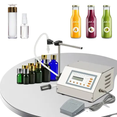 A collage showing a liquid filling machine with various bottles and juice bottles.