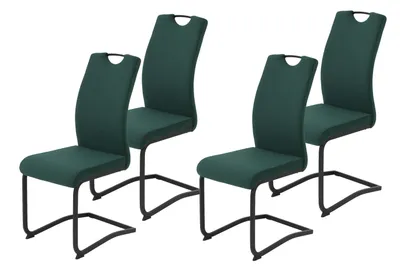 Four green dining chairs with black metal frames are arranged on a white background.