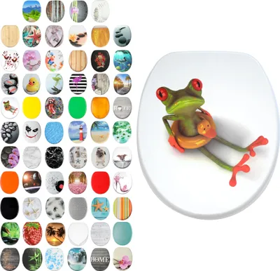 A collage of various toilet seat designs and a frog character on a toilet seat.