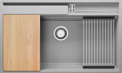 Produktbild von PRIMAGRAN Spülbecken Grau 88x53cm, Granitspüle 1 Becken + Ablauf-Set + Küchenzubehörset, Küchenspüle ab 90er Unterschrank - Oslo Pocket