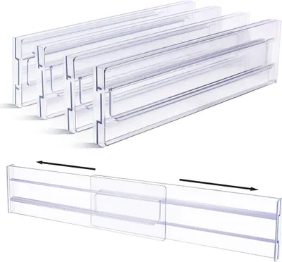 A top view of stacked transparent plastic shelf dividers and a side view showing their adjustable nature.